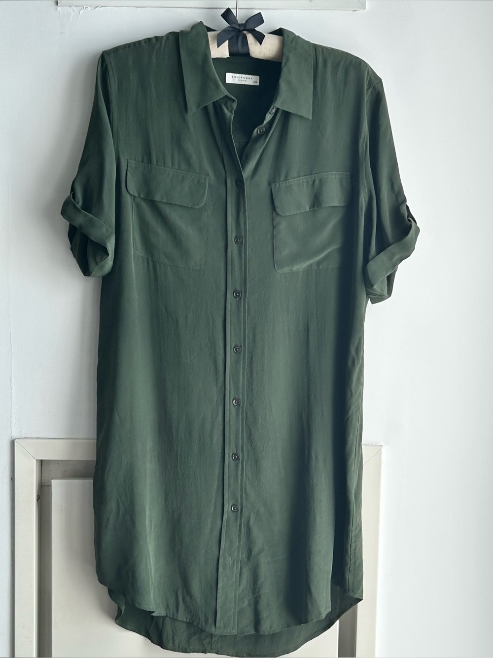 Equipment Silk Dress Button-Up Shirt Dress - Army Green, Size Large